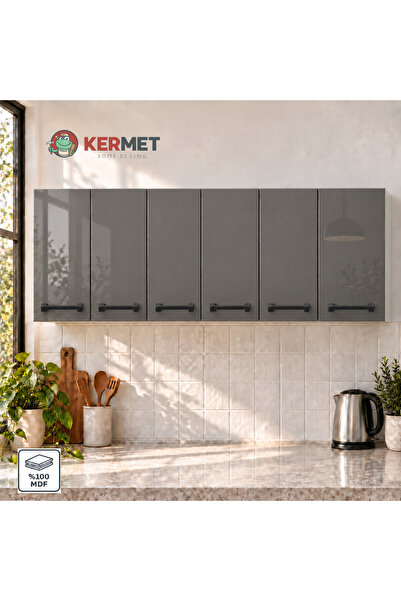 KermetHome 180 cm %100 MDF Mutfak Üst Dolabı 6 Kapaklı Raflı Haki Gri