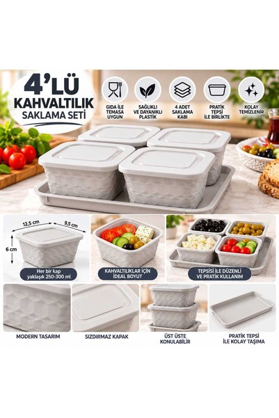 4 Lü Plastik Kahvaltılık Saklama Seti Tepsili