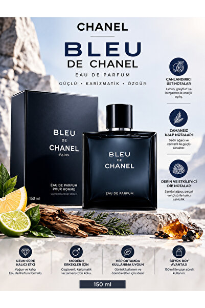 Chanel BLEU DE Eau De Parfum 150 ml – Aromatik Odunsu Yapılı Sandal Ağacı Not...