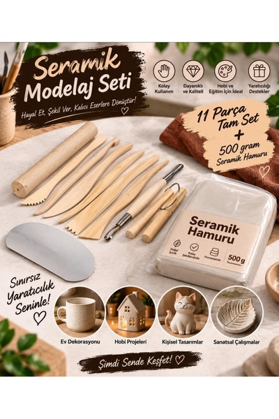 hobi market art 10 Parça Ahşap Kil Şekillendirme Modelaj Seti 500 gram Serami...