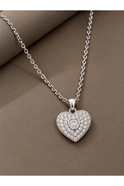serelya 316L Steel Chain Silver Color Zircon Stone Heart Necklace