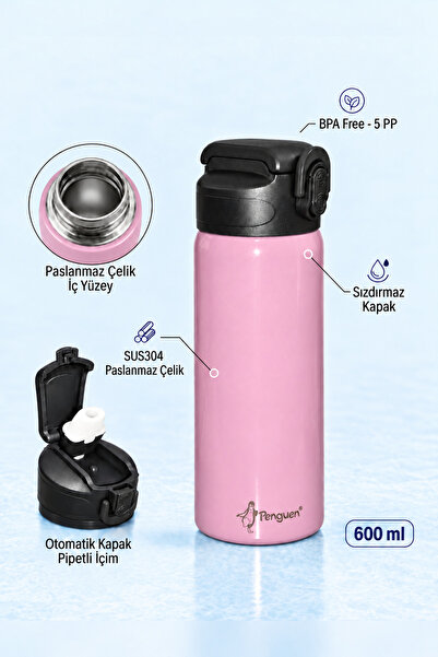 Penguen 600 ml Çelik Su Matarası Sporcu Matarası Çocuk Pipetli Çelik Suluk Sı...
