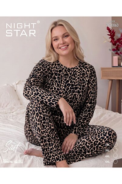 Night Star Nova Leoparlı Süpersoft Büyük Beden Pijama Takımı