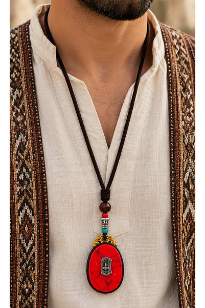 HER ŞEY NOTA www.herseynota.com Red Patterned Men's Necklace with Knitted Cor...