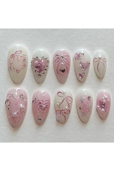 Tazweeq 24 Pcs Pink Press on Nails, Cute Bow Medium Almond Fake Nails, 3D Hea...