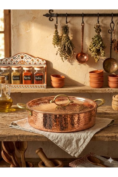 Yıldız çelik Bakır kalın dövme basık tencere 22 cm