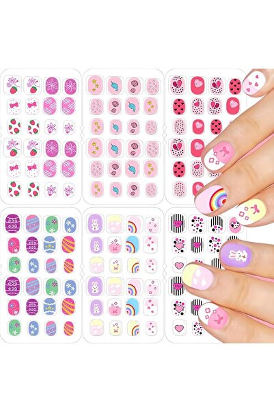 Yelajoy 144PCS Kids Press on Nails Set - 6 Boxes Reusable Fake Nails with Ass...
