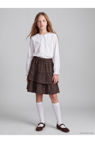 LC Waikiki Two Mt Shop Quality Lcw Kids Brown Plaid Flounce Layered Girls' Skirt