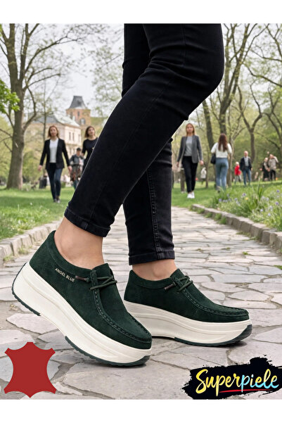 ANGEL BLUE Pantofi Casual Damă din Piele Naturală Întoarsă – Talpă Groasă & Ș...