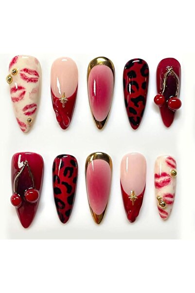 Tazweeq 30Pcs Red Press on Nails Medium Almond French Fake Nails with 3D Cher...