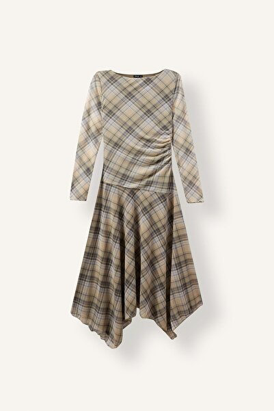 DeFacto Asymmetrical Cut Square Patterned Boat Neck Long Sleeve Tulle Midi Dr...