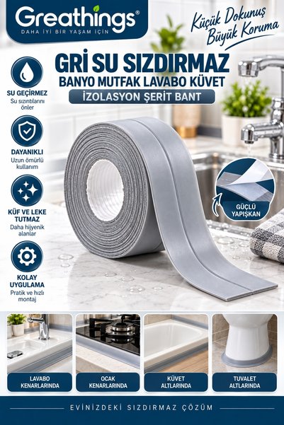 Greathings Gri 32 x 38 mm Su Sızdırmaz Lavabo Küvet Kenarı İzolasyon Şerit Bant