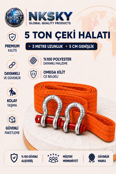 5 Ton Araç Çekme Halatı 3 Metre 5 cm CE Belgeli Omega Kilitli Oto Çeki Halatı (Turuncu)