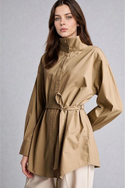 DeFacto 100% Cotton Regular Fit High Neck Belted Poplin Long Sleeve Tunic H32...