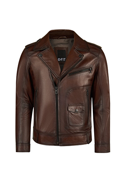 Derimod Carter Men's Brown Double-Breasted Collared Leather Jacket 26Wgd6490Bt