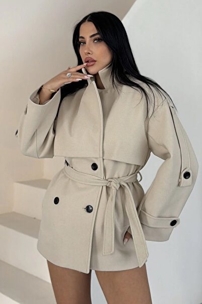 PRİFALDİ Agli̇mmer Pb Women's Cape Collar Belted Short Lined Ecru Cashmere Coat