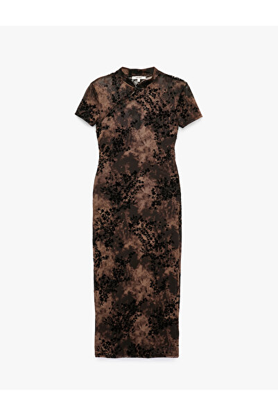 Koton Slit Slim Fit Short Sleeve Stand Qipao Collar Velvet Floral Textured Tu...
