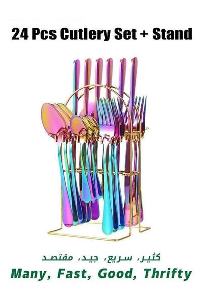 Generic 24 PCS Modern Rainbow Stainless Steel Iridescent Cutlery Set with A H...