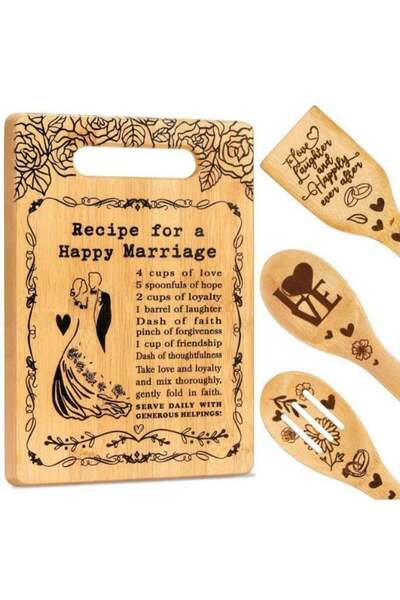Generic Bamboo Wedding Kitchen Gift Set with Recipe Cutting Board and 3 Utens...