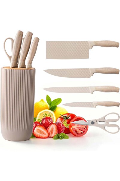 Generic 6-Piece Khaki Kitchen Knife Set with Knife Block – Non-Stick Stainles...