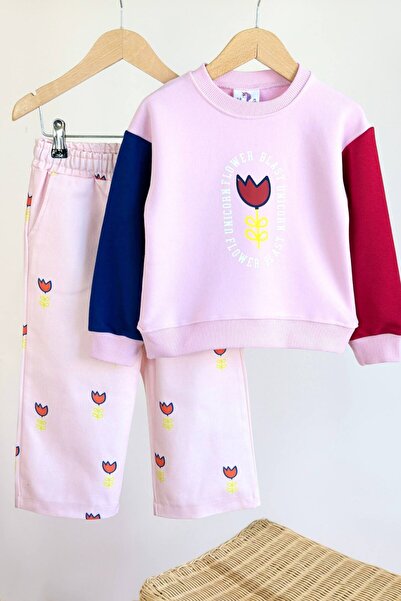 NOBLEKIDS Girl's Floral Themed Sweatshirt and Denim Trousers