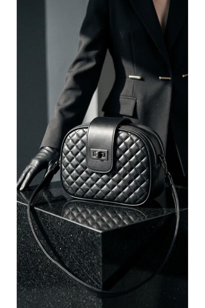 Lisinya Black Soft Leather Diamond Patterned 3-Compartment Zippered Women's S...