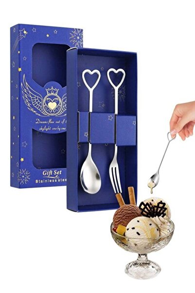 Generic 2 Pcs Stainless Steel Table Teaspoon and Fork, Heart Shaped Handle De...