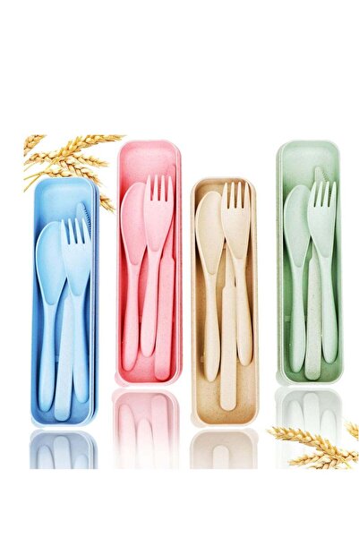 Generic 4 Sets Wheat Straw Reusable Spoon Knife Forks Tableware Portable Cutl...