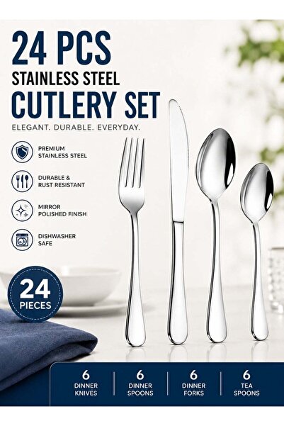 Generic Cutlery Set, Stainless Steel 24 Piece Cutlery Set for 6 People, Flatw...