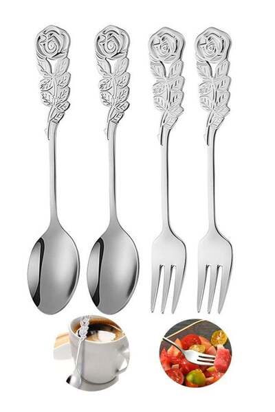 Generic 4 Pcs Rose Handle Spoon Fork Set 5.1inch Stainless Steel Flatware for...