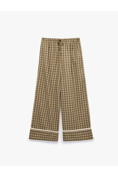 Koton Comfortable Fit Viscose Blended Plaid Pajama Bottoms with Lace Detail