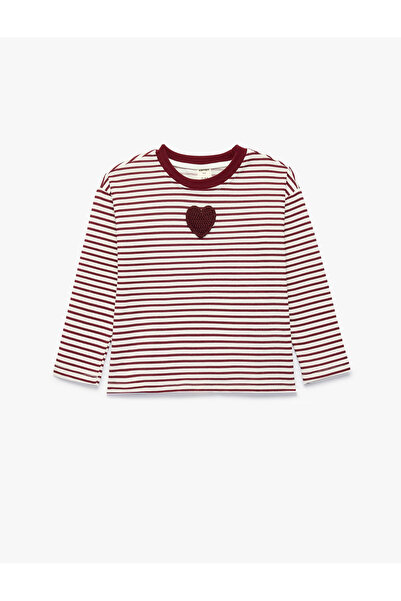 Koton Heart-Shaped Crew Neck Long Sleeve Cotton Striped T-Shirt