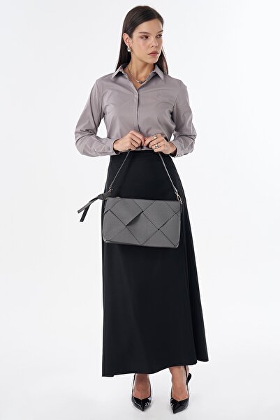 Kayra Ribbed Stitched Rayon Skirt Black