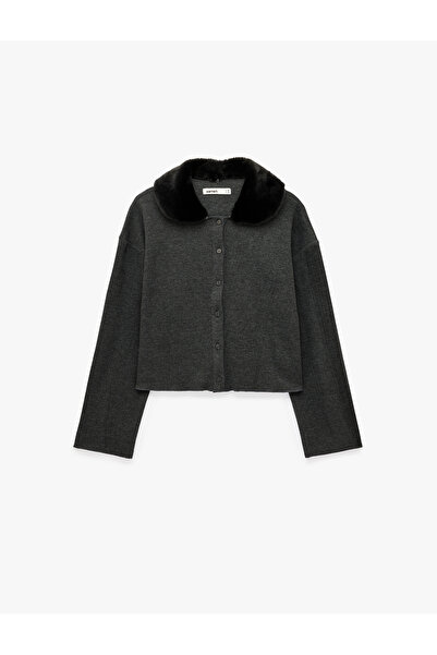 Koton Long Sleeve Buttoned Faux Fur Collar Knitwear Cardigan