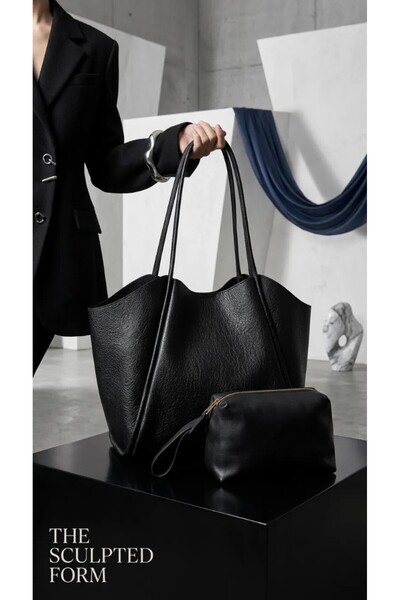 Generic Brand Black Soft Leather Shoulder Bag 31X24 cm Daily Women's Bag with Extra Makeup Bag