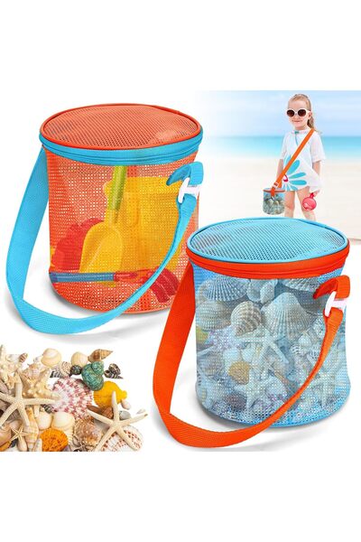 Arabest Mesh Beach Shell Storage Bags,2-Piece Set,Standing Sand Toy Bucket wi...