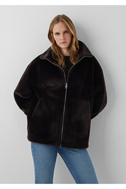 Mavi Kahverengi Suni Kürk Ceket Oversize / Geniş Kesim 1110597-70219