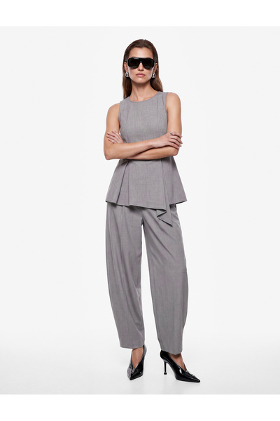Koton Crew Neck Sleeveless Asymmetrical Pleated Peplum Blouse