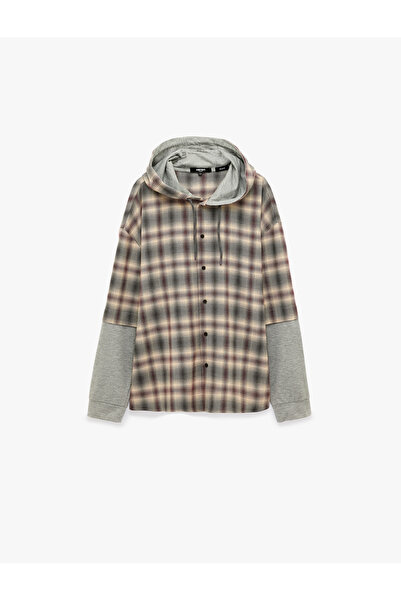 Koton Comfortable Fit Buttoned Plaid Layered Long Sleeve Hooded Shirt