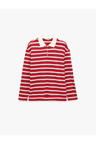Koton Comfortable Fit Cotton Long Sleeve Polo Collar Striped T-Shirt