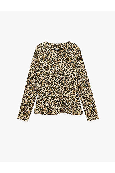 Koton Slim Crew Neck Long Sleeve Leopard Print Peplum Cardigan
