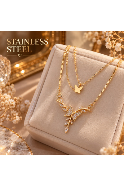 stainless steell Gold Color Butterfly Design on a Branch Double Steel Necklace