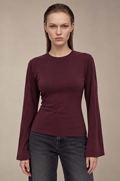 HAKKE Women's Waist-Slit Crew Neck Gathered Blouse