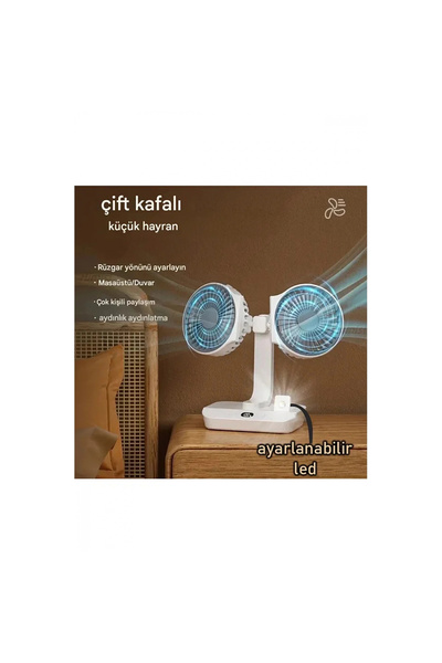 Masaüstü Dijital Ekranlı Çift Fanlı Led Işıklı Soğutucu Fan Ev Ofis Şarjlı Vantilatör