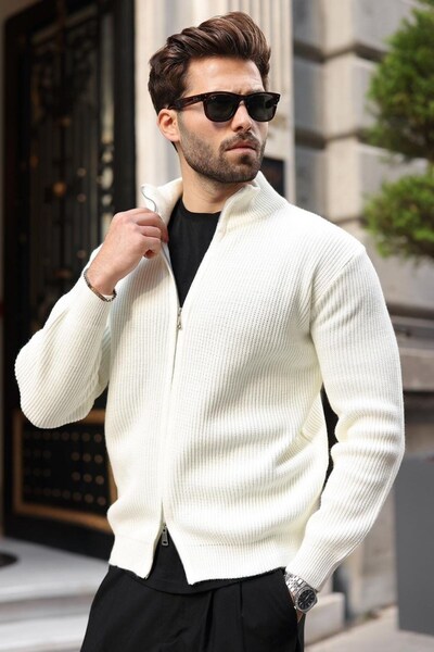 Madmext Bone Color Double Zipper Knitted Stand Collar Men's Knitwear Cardigan...