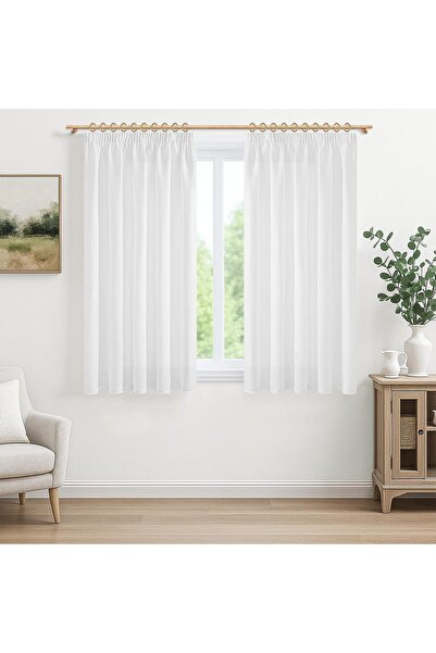 MRTREES Perdele scurte din in transparent 140x137 cm, set de 2 cu cârlige – Alb