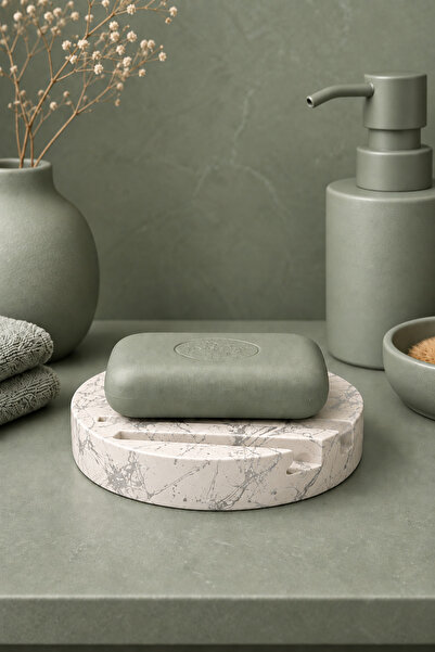 betonmall Mermer Desenli Yuvarlak Model Beton Katı Sabunluk Su Giderli 10 cm
