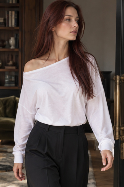 armonika Women's White Asymmetrical Collar Blouse with Corseted Waist Arm-27K...