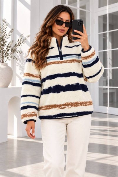 FioriModa Women's Cream Striped Half-Zip Plush Fleece Sweatshirt