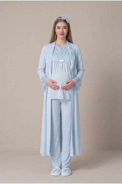 LOHOUSE Women's Blue Lace Long Sleeve Maternity Pajama Set with Nursing Detail and Dressing Gown